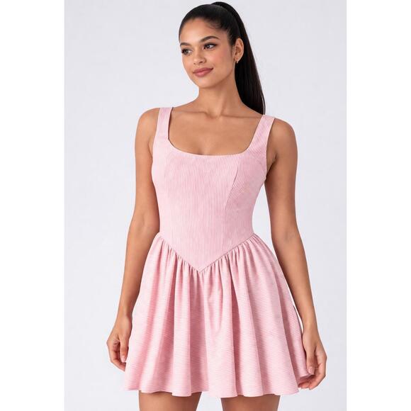 Halara Dresses & Skirts - NWT Halara Pink Striped Ruffle Mini Dress Size XS